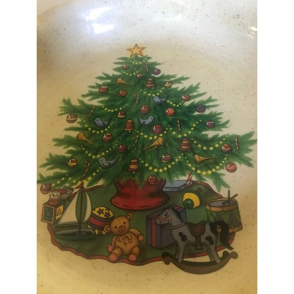 Vtg Christmas Tree With Toys Pie Tart Ceramic Dish Handmade 10" One Of A Kin - Picture 3 of 8
